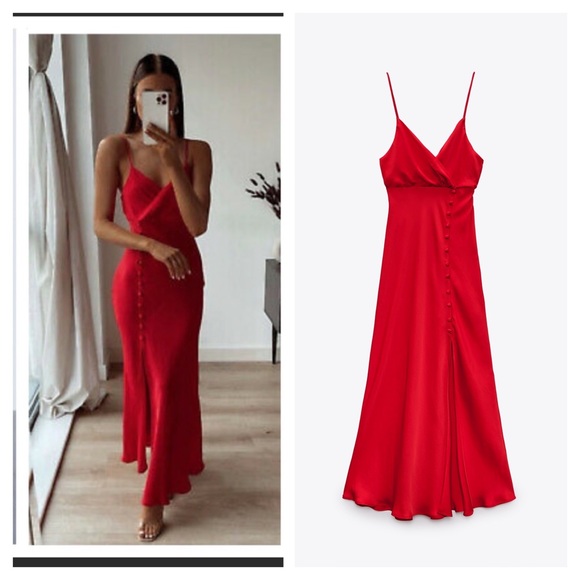 ❤️Bloggers Favorite❤️NWT Zara SATIN CAMISOLE DRESS in Red - Picture 3 of 15